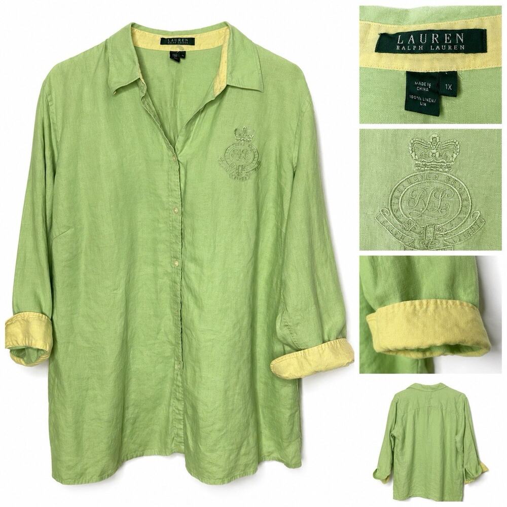 Lauren Ralph Lauren Womens Button Up Shirt XL Green Yellow Linen Crest Logo LRL